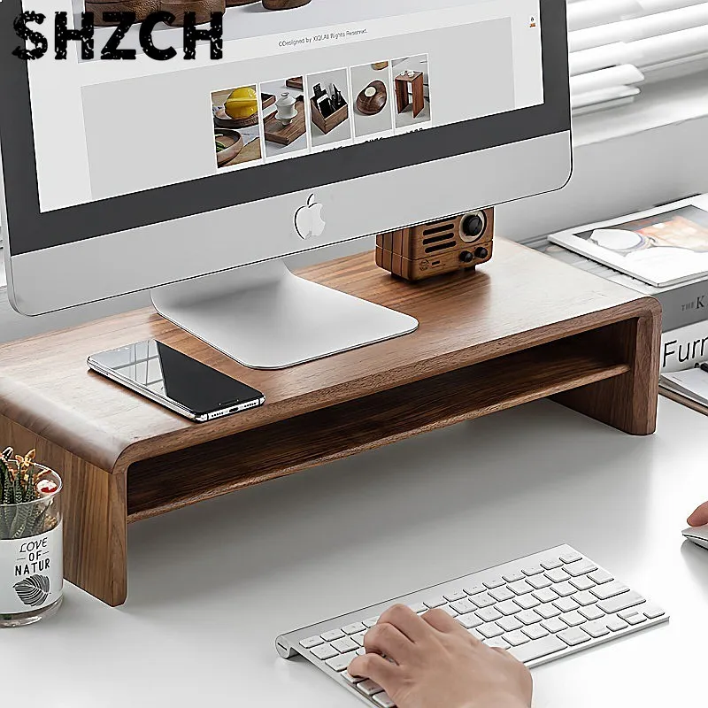 Natural Black Walnut Solid Wood Monitor Riser Dual Tier Storage Shelf Desktop Stand