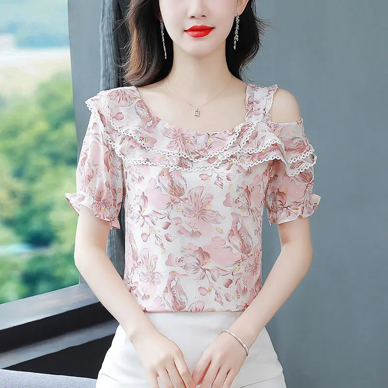 

High-end Chiffon Short-sleeved Women's New Printed Fashionable Loose Floral Top
