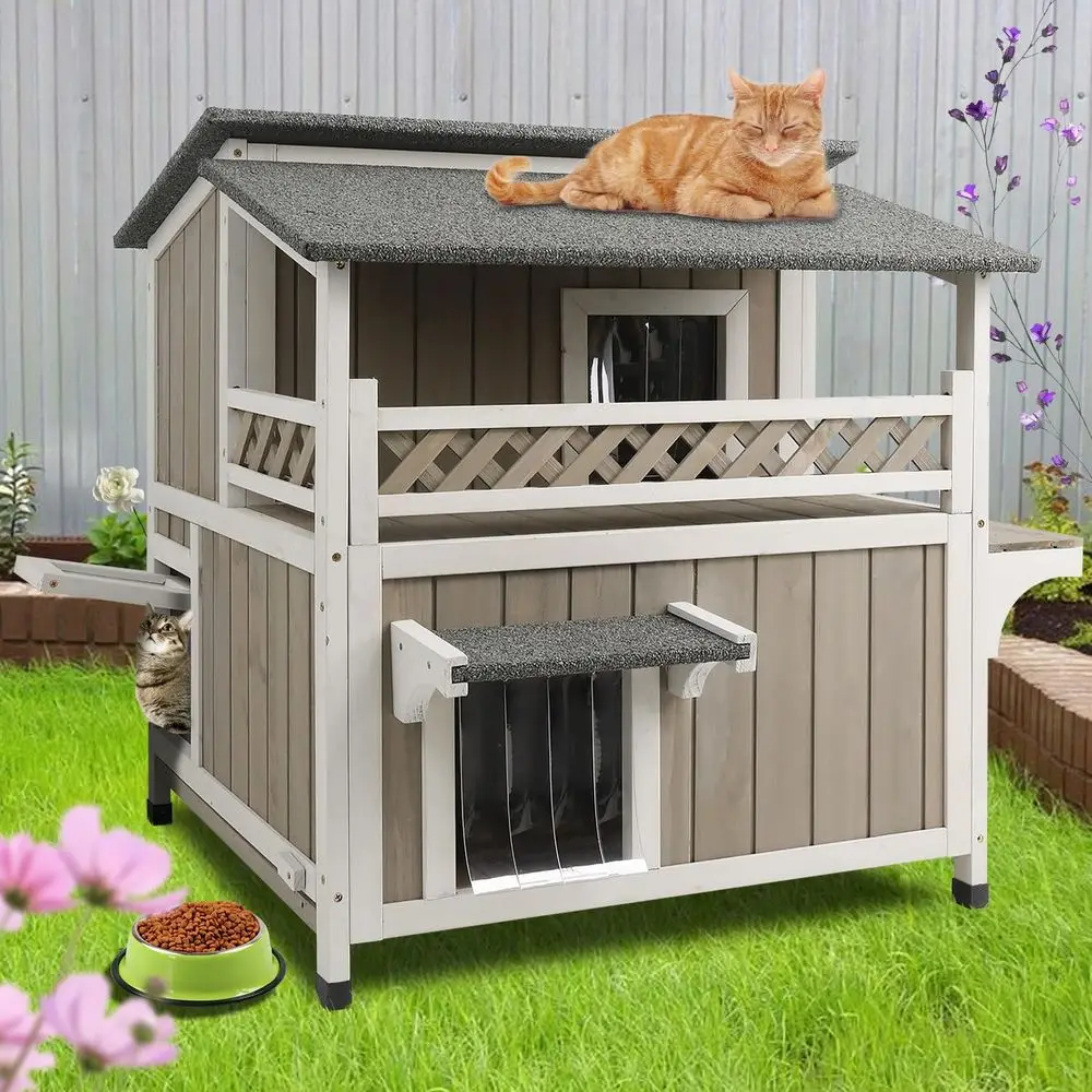 

Sturdy Outdoor Cat Shelter with Balcony for 2 Cats, Indoor Condo, Easy Entry Door & Open Roof