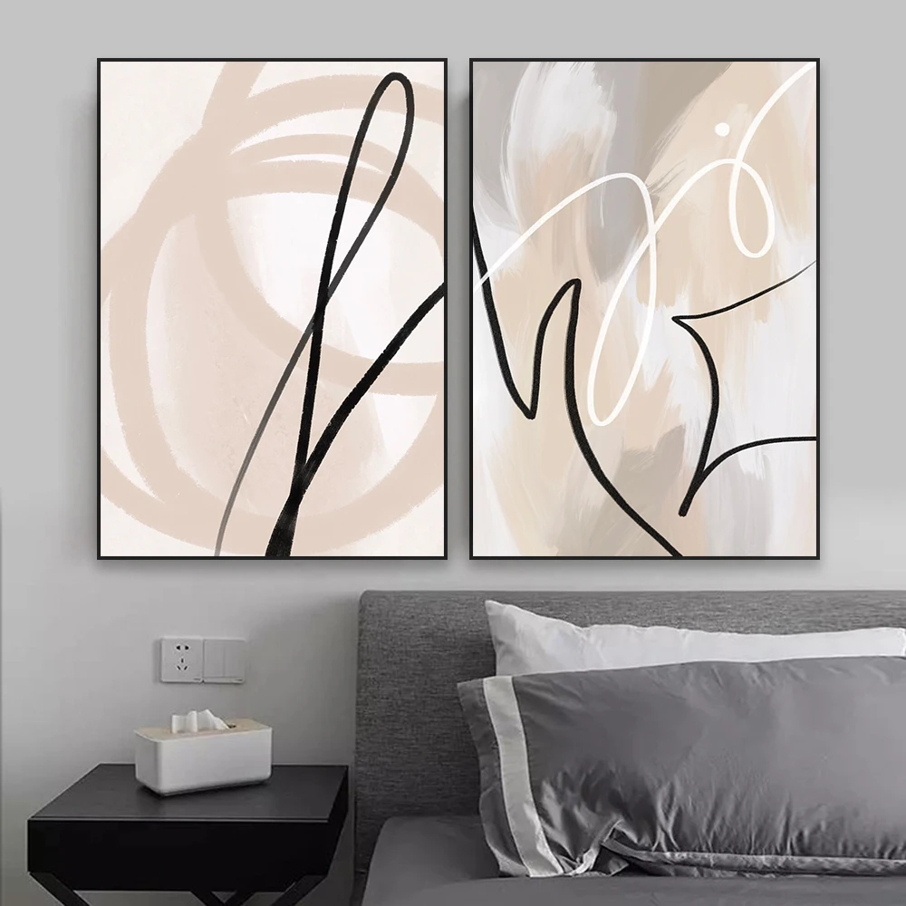 Abstract Minimalist Poster Beige And White Line Print Black and White Canvas Painting Vintage Bedroom Wall Art Poster Decoration