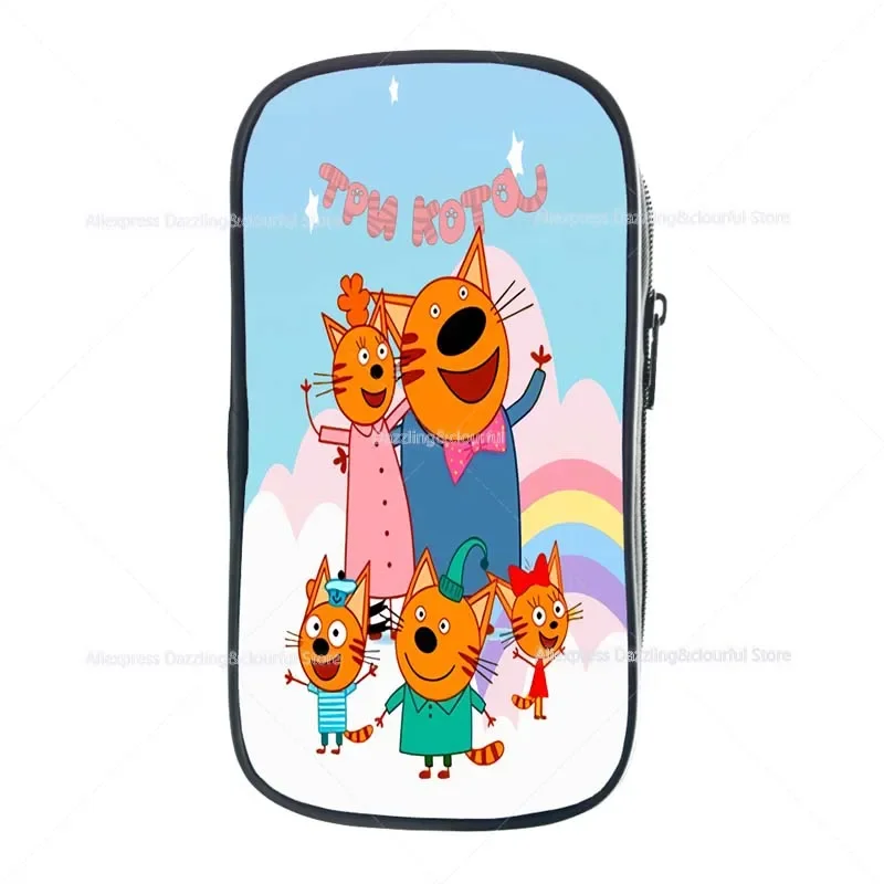 TpnkoTa Three Kittens Pencil Case Boy Girl Child Russian E Cats Pencil Box My Family Three Happy Cats Kid Stationery Storage Bag