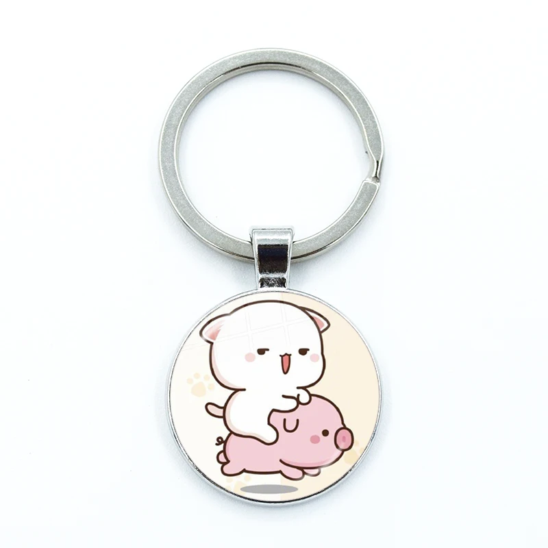 Net Red Cute Couple Mitao Cat  Glass Keychain Net Red Cute Couple Peach Cat Pendant Charm Keyring Jewelry Gifts