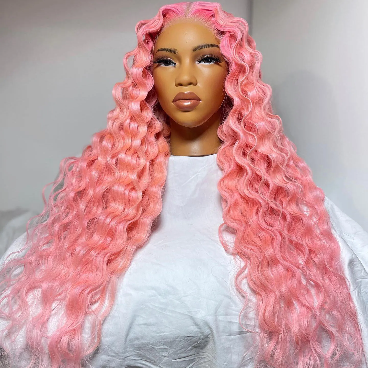 Pink Deep Wave Synthetic Lace Front Wig High Temperature Fiber Lace Wigs for Women Long Hair Wavy Wigs Heat Resistant Cosplay