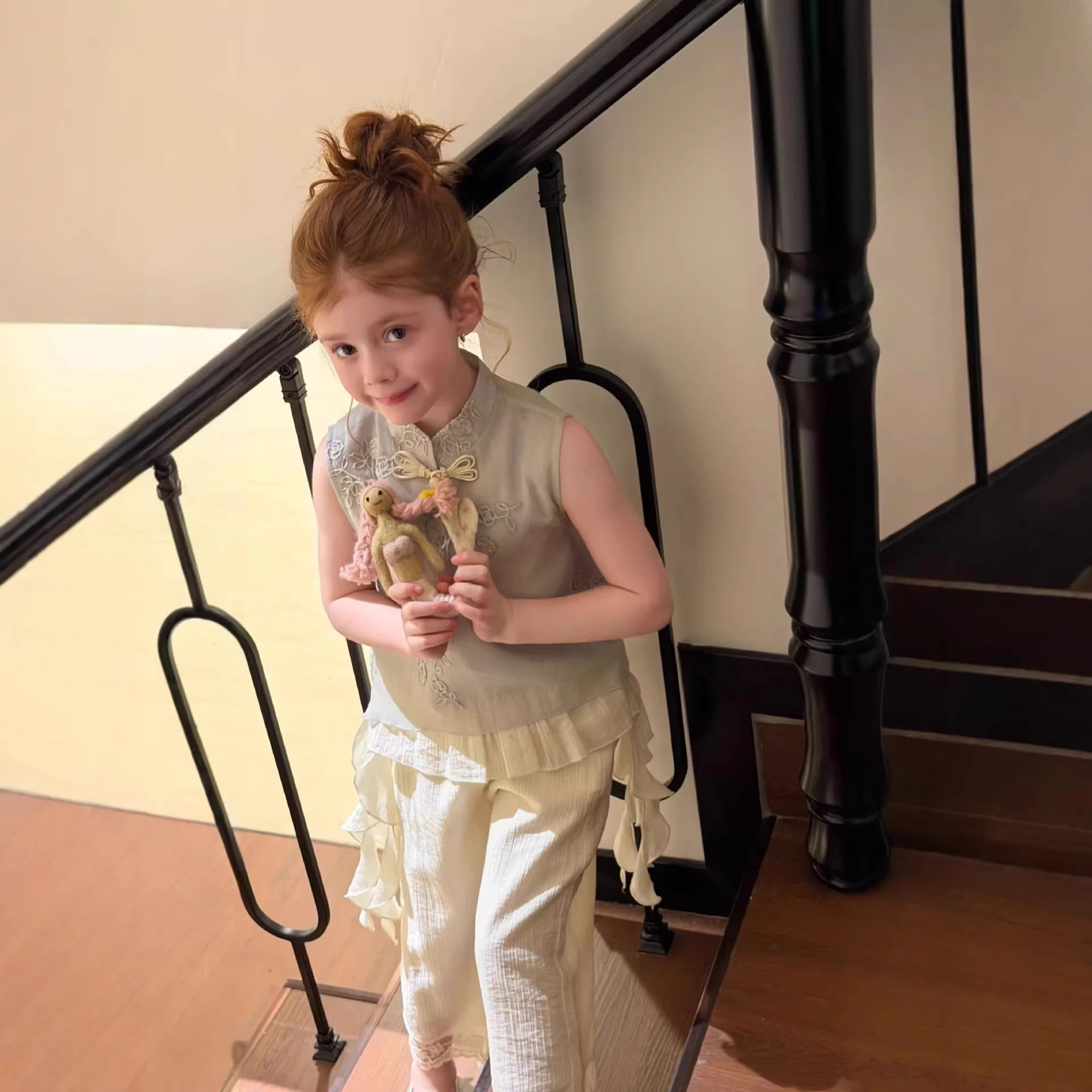 Summer New Girls Chinese Style Set New Chinese Style Splicing Buckle Top Fashionable Wide Leg Pants Two-piece Set