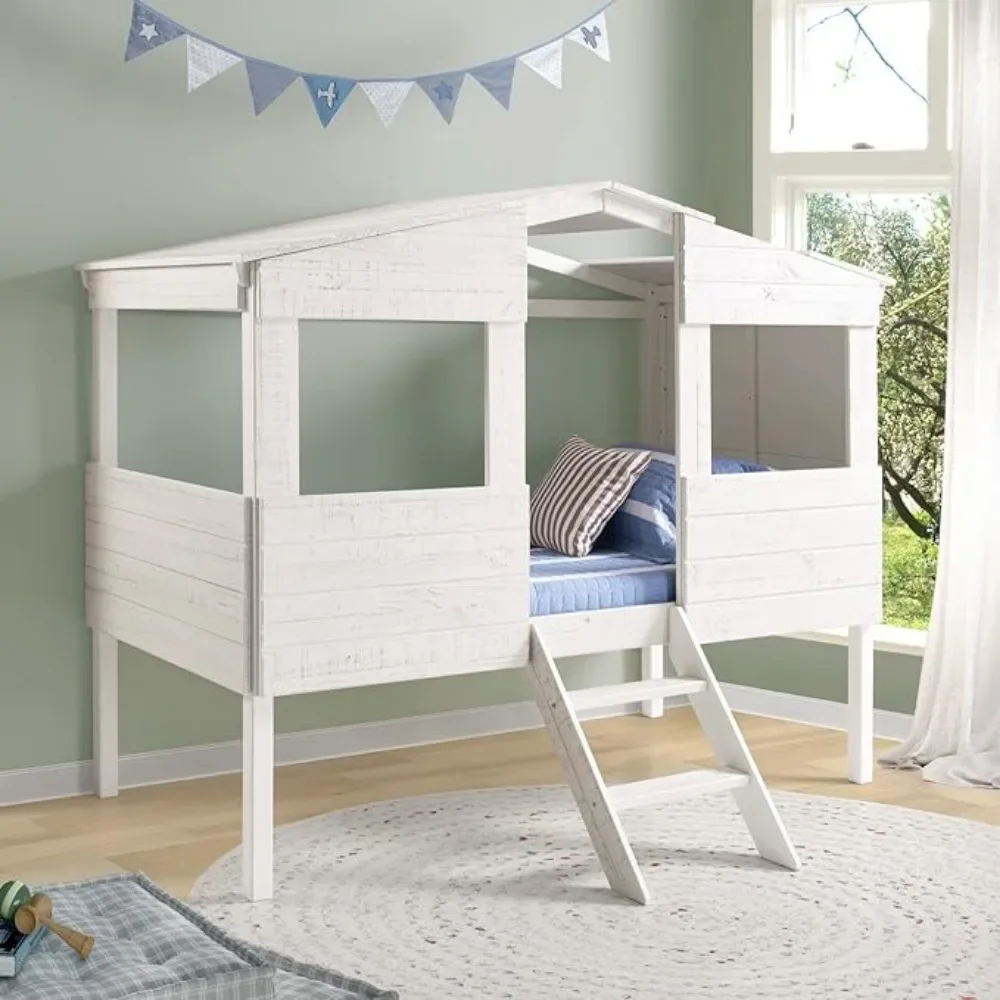 House Bed, Kids Low Loft Bed with Step Ladder, Solid Pine Wood Cabana Style House Loft Bed for Kids  Children Beds