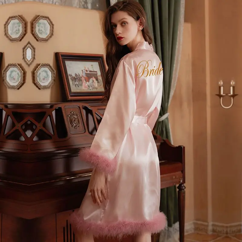 

Spring New Feather Morning Gowns Bridesmaid Wedding French Style High Sense Ice Silk Robe Women's Large Size Thin V-neck Pajamas