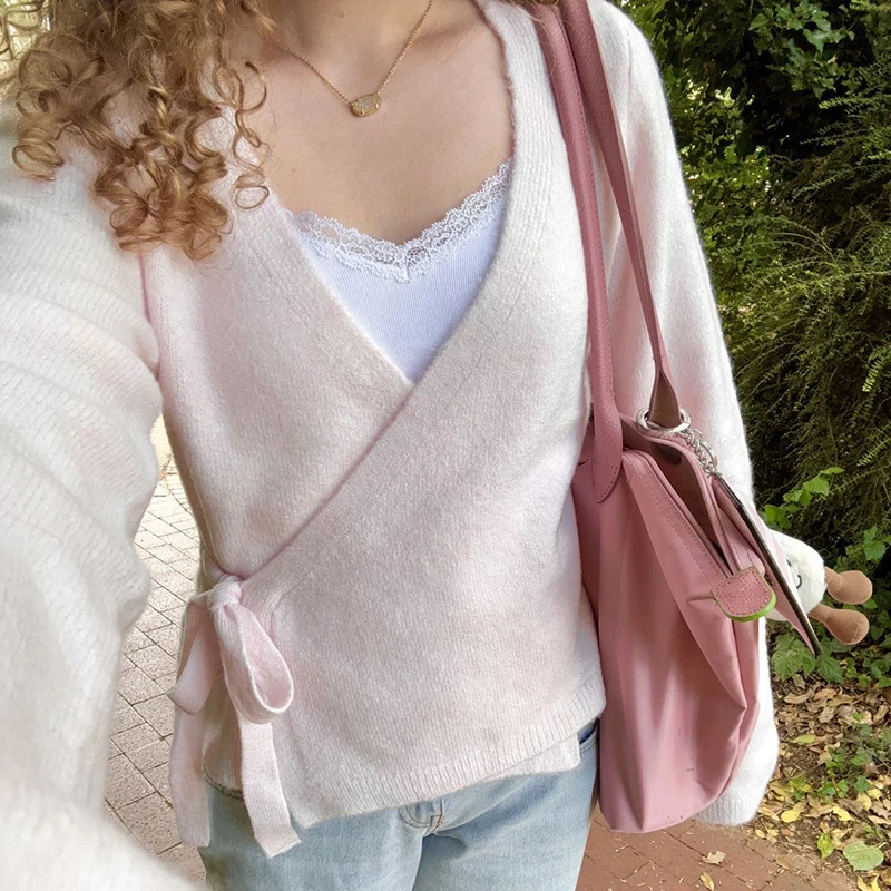 T-shirt Cardigan tricoté à col en V pour femme, élégant, couleur unie, cravate latérale, pull court, manches longues, Slim Fit, vêtements Vintage, automne