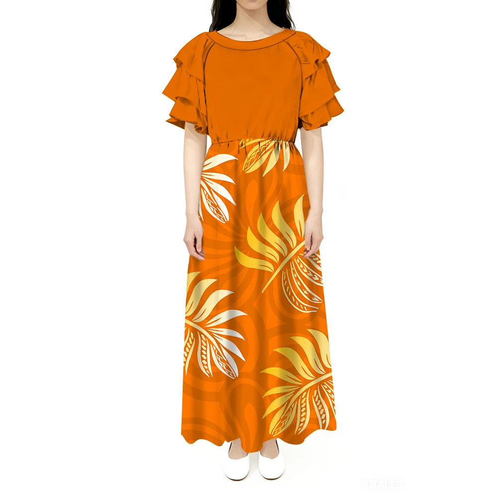 

Полинезийское женское платье в этническом стиле на заказ с приятными для кожи рукавами в виде листьев лотоса, круглым вырезом и длинной завязкой на талии