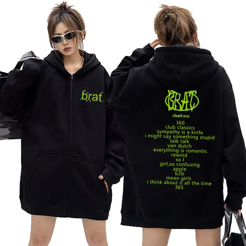 

Singer Charli Xcx Brat Album Logo Zipper Hoodie Men Women Fashion Trend Harajuku Zip Up Jacket Fleece Oversized Zip Up Hoodies