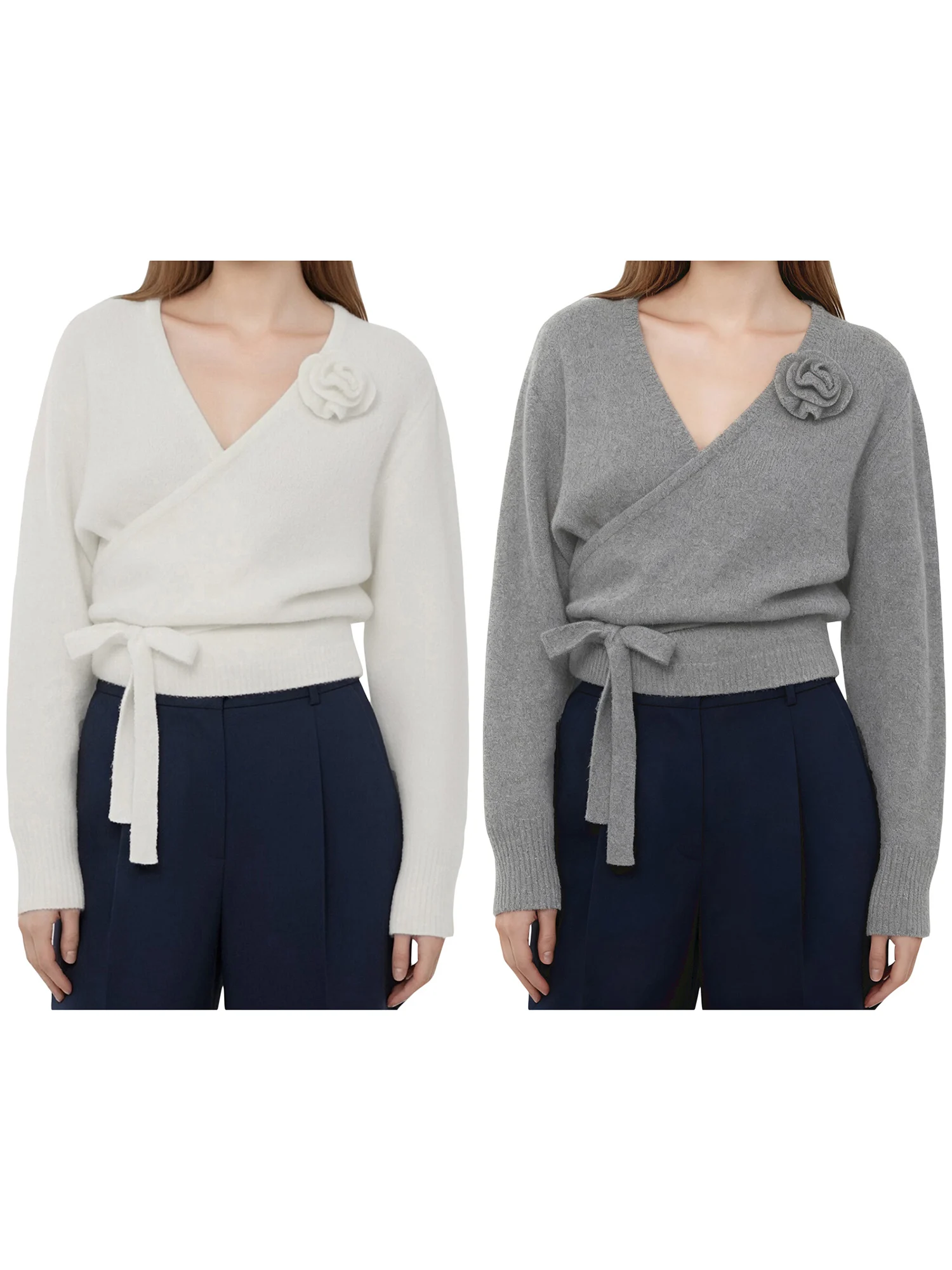 เสื้อจั๊มเปอร์ถักนิตติ้งสำหรับสุภาพสตรี พร้อมลายดอกไม้และดีไซน์ผูกเชือกอย่างมีสไตล์ เหมาะสำหรับวันที่อากาศเย็นในฤดูใบไม้ร่วงและฤดูหนาว