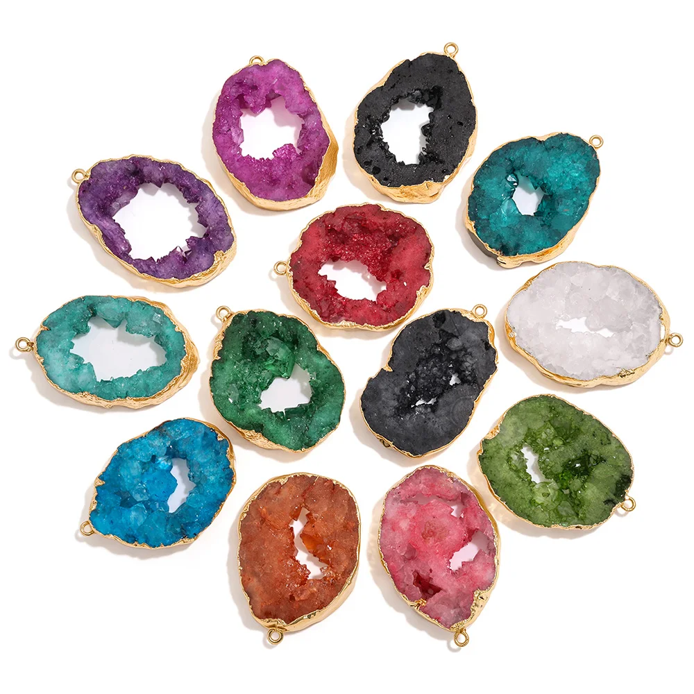 1PC Natural Multicolor Druzy Agate Geode Pendant Gold Plated Edge Single Hole Irregular Crystal Cluster Charms Pendants For DIY