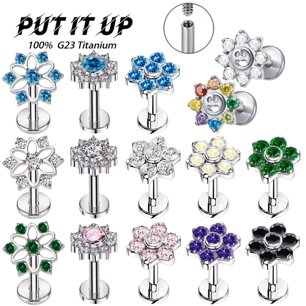 PUTITUP F136 Titanium Classic Threaded Flower Ear Studs Lip Studs Anodised Ear Bone Studs Body Piercing Jewellery Nose Studs