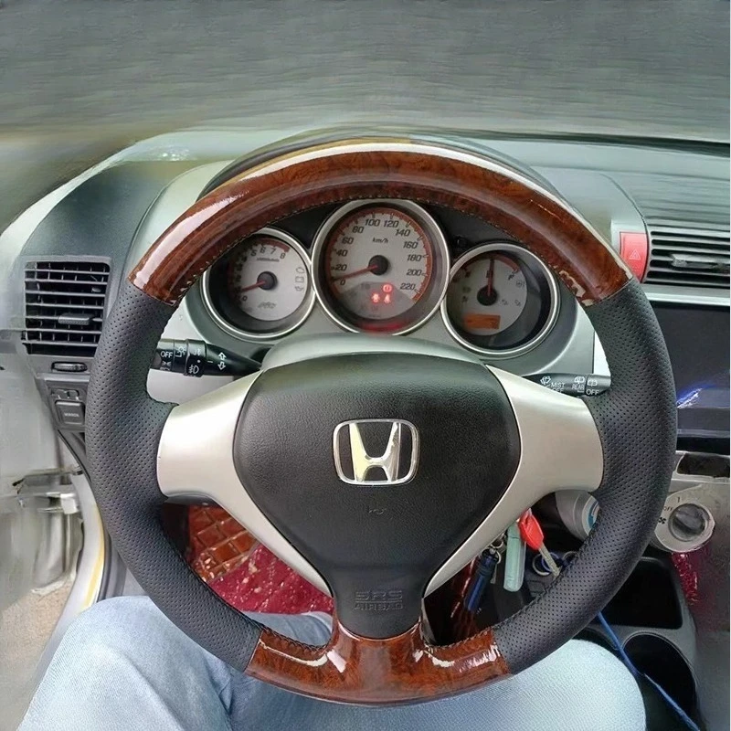 

for Honda City Fit Jazz 2005-2008 Hand-stitched peach wood grain Genuine Leather car Steering Wheel Cover
