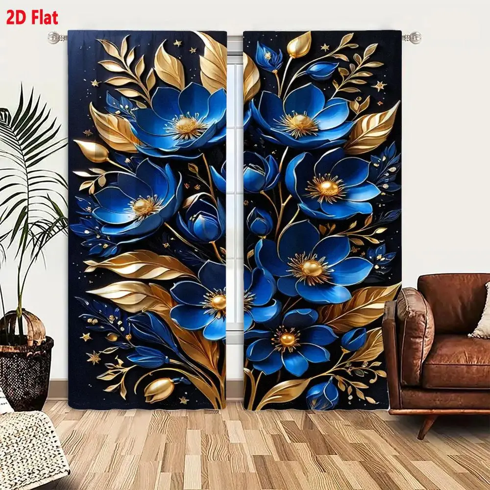 2Pcs Curtains 2D Flat Artistic Bouquet Illustration: Bright Blue Flowers With Golden Yellow Centers Metallic Leaves & Decorative
