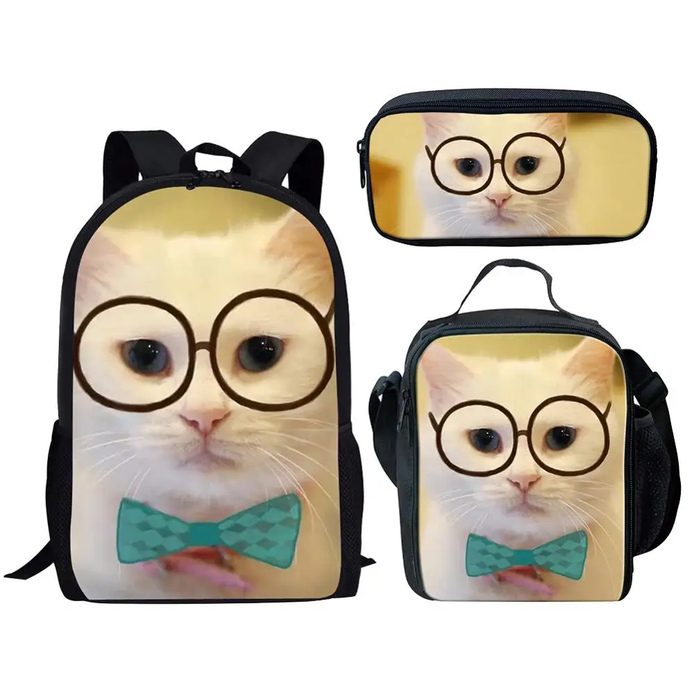 Tas sekolah motif kucing lucu 3 buah, Set tas sekolah untuk anak laki-laki dan perempuan, tas buku anak-anak, tas makan siang, tas pensil, ransel kasual harian Remaja