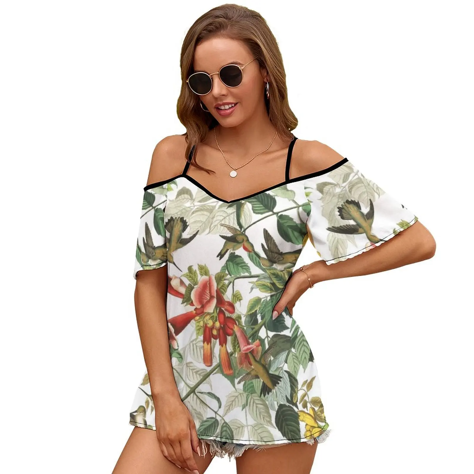 Ruby-Throated Hummingbird-John James Audubon Women Short Sleeve Tops O-Neck Hollow Out Shoulder Strap Tees Streetwear John