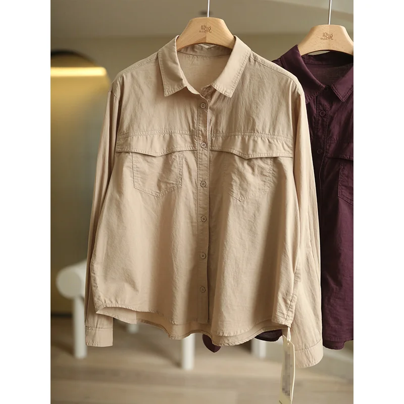 Casual Cotton Long Sve irt Pure Color Square Collar Button up Spring Faion Women's Premium Loose Fit irt