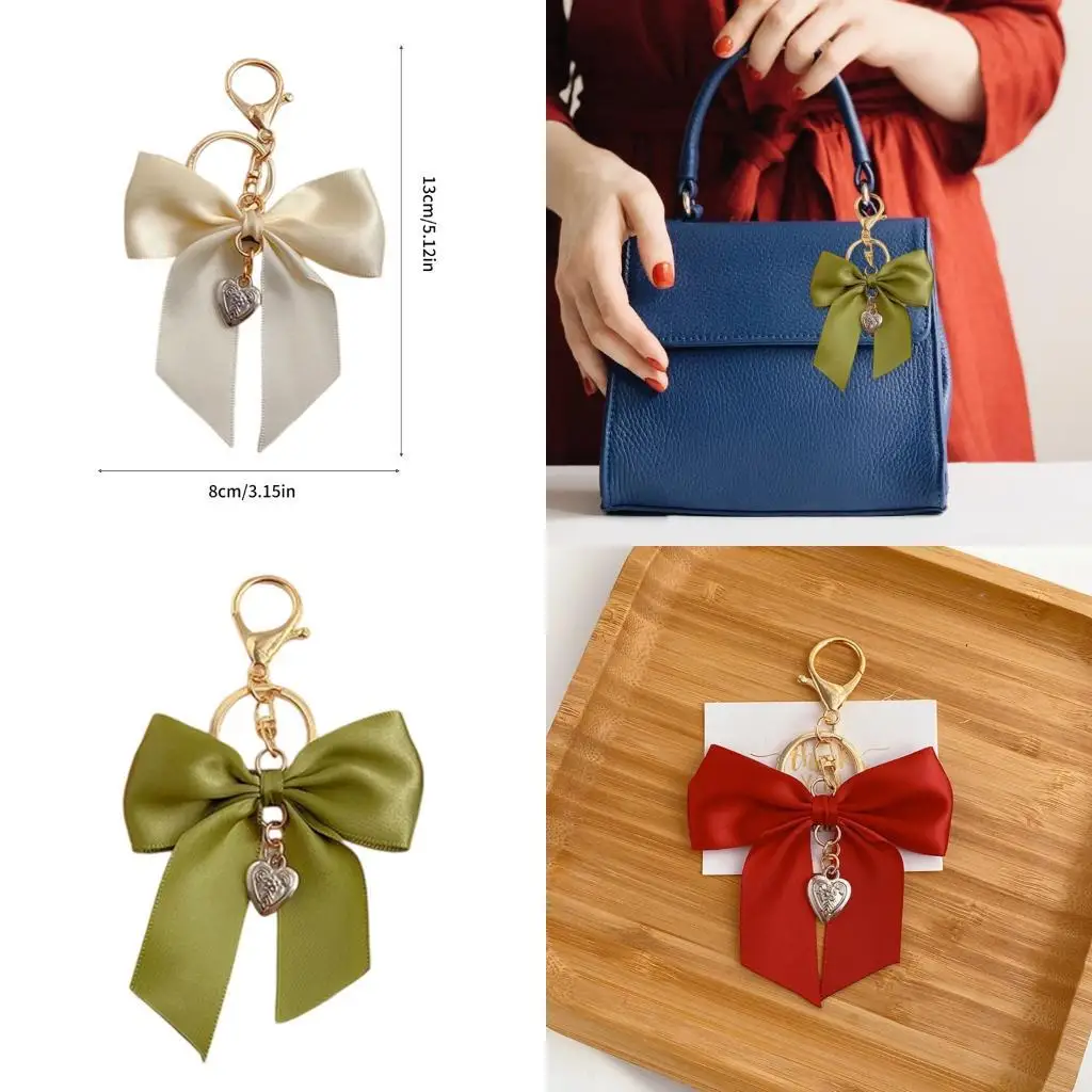 X90D Elegant Ribbon Bows Keychain With Imitation Pearls Detail For Handbag Purse Decoration Practical Metal Keyring Accessory