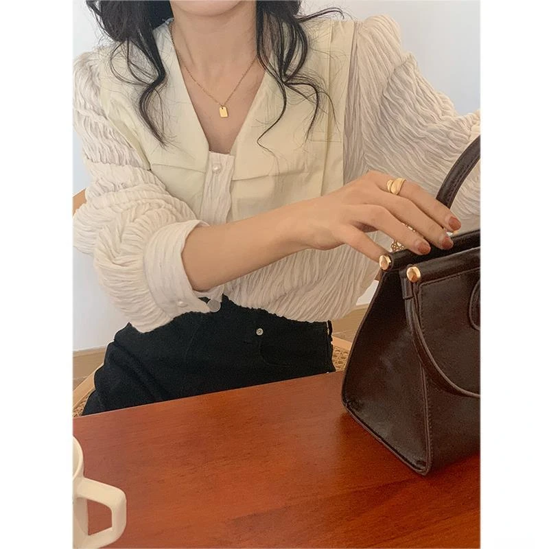 Simple Autumn Elegant Single-Breasted Blouses Women New Korean Loose Casual Vintage T-Shirts Long Sleeve Chic Sweet Tops Female