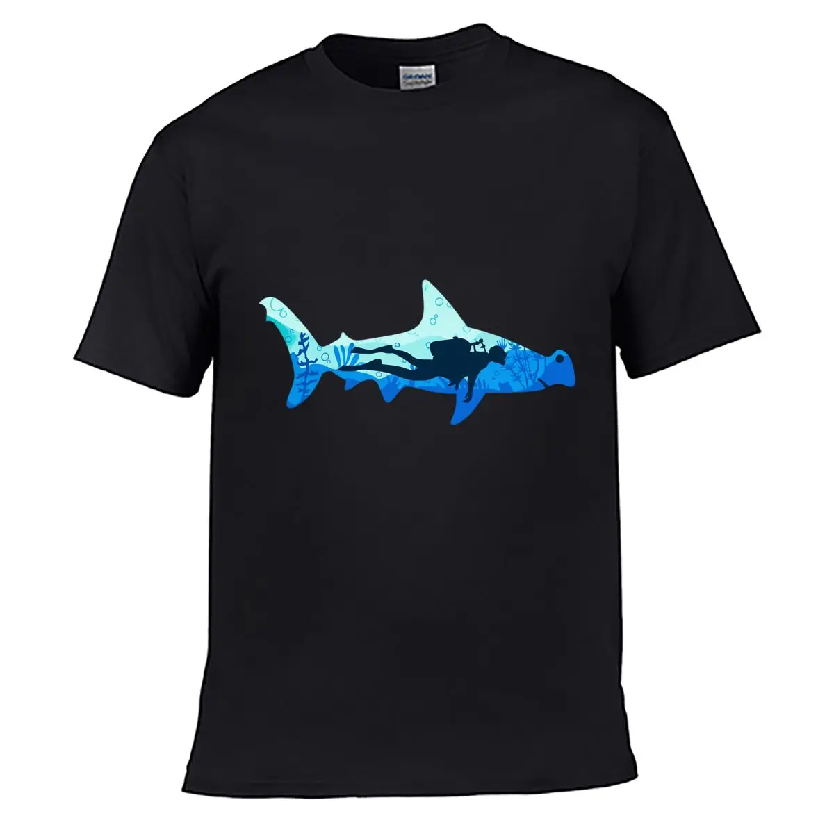 Hammerhead Shark Scuba Diver Ocean Silhouette Sea Life Street Loose Simple Tee