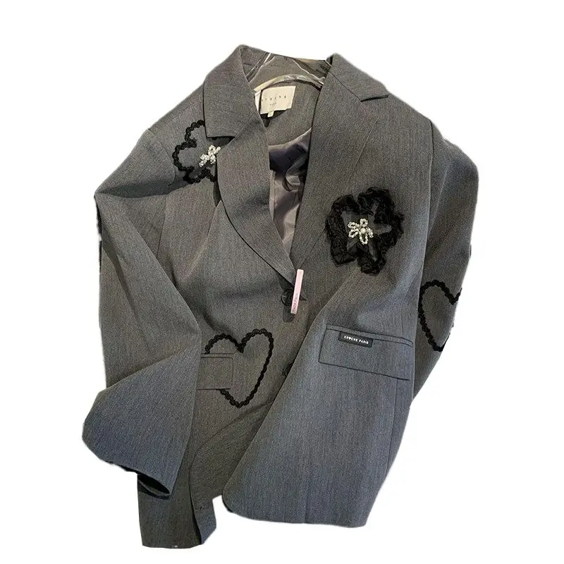 Temperamento blazer para mulher 3d floral rendas bordado casual moda outerwear solto casaco coreano de mujer senhora do escritório chique novo