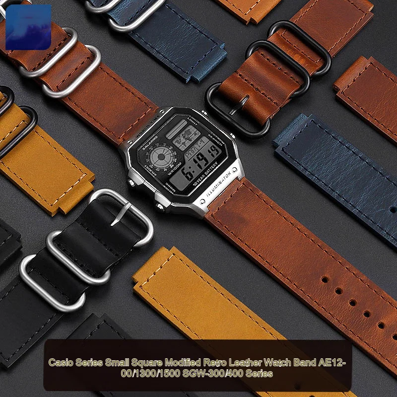 Men's watch strap suitable for Casio AE-1200/1100/1500 SGW-300/400 w218h modified leather watch strap 24-18mm