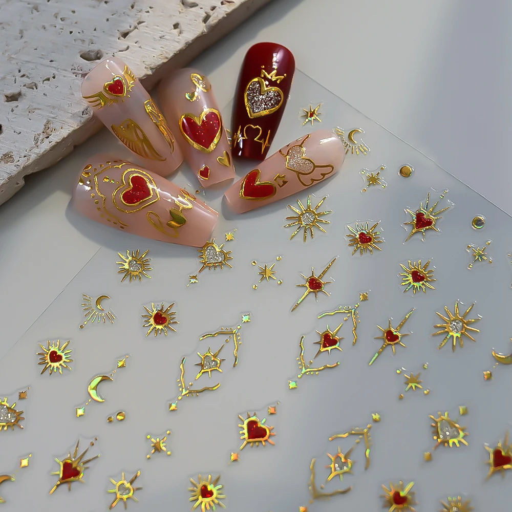 Autocollants pour ongles en forme de cœur doré, Laser 5D, rouge, paillettes, amour, breloques pour Nail Art, nœud papillon Y2K, curseur d'ongles, autocollants de manucure auto-adhésifs, 6 feuilles