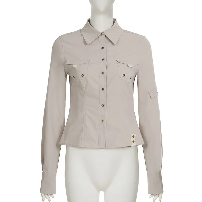 Outono novo produto bolso emenda fivela lapela camisa workwear estilo picante menina cintura cinched manga comprida cardigan feminino