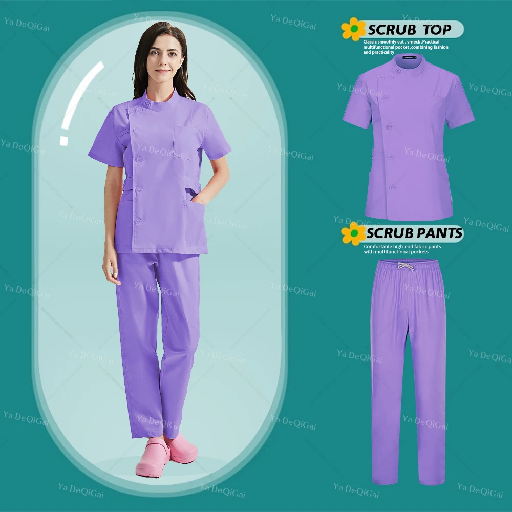 Sólida Cor Médica Scrubs Set, Beleza Tops, Calças Retas, Lab Workwear, Cirúrgica Roupas, Ternos, Médico, Uniformes de Enfermeira, Acessórios