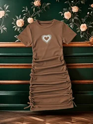 Brown Spice Girl pure fashion sexy dress heart print girl slim short sleeve drawstring pleated belly cover buttock dress summer