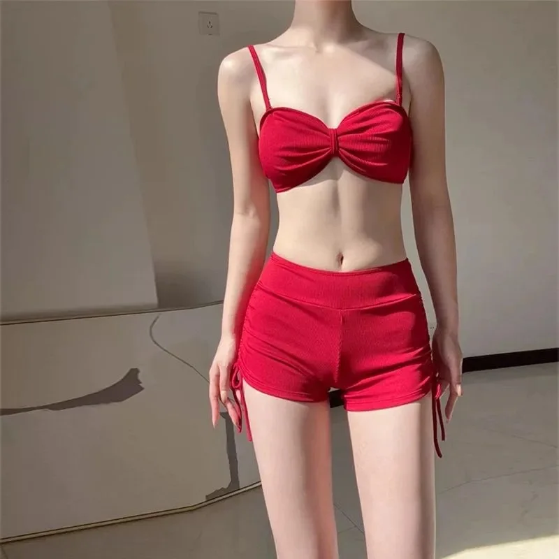 Minsu 2025 New Swimsuit for Women Sexy Pure Desire Hot Girl Temperament Long Sleeve Halter Cover-Up Bikini Two-Piece Swimsuit fo