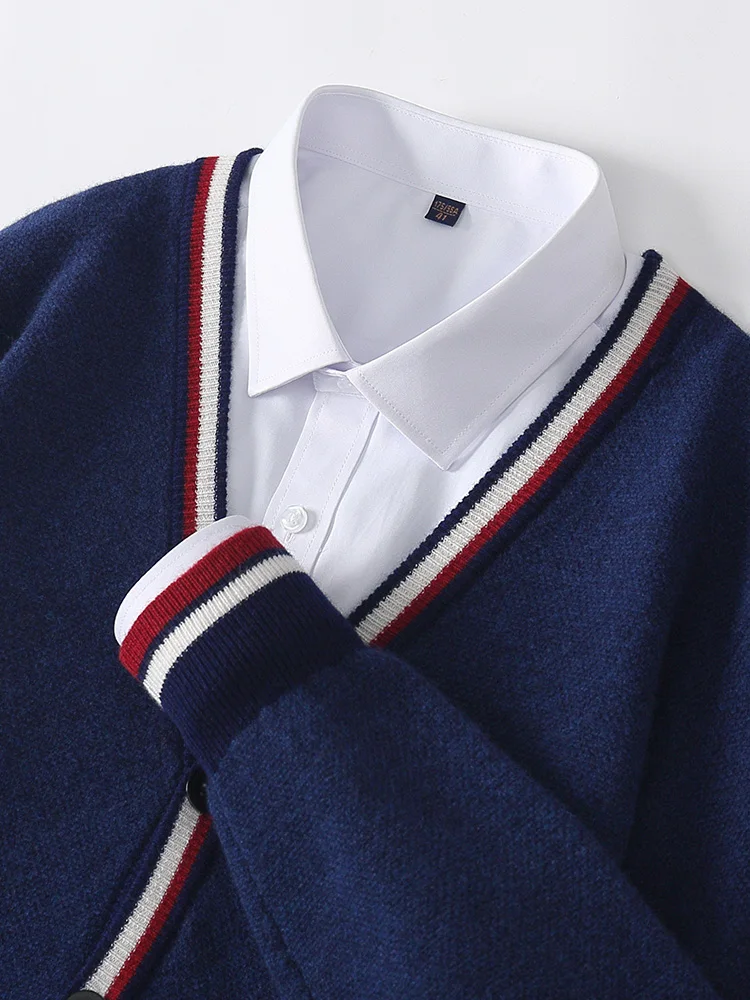 New Men's V-neck Cardigan 100% Merino Wool Sweater Shirt Spring Autumn Winter Cosy Color-Matching Cashmere Knitwear Shirt Tops