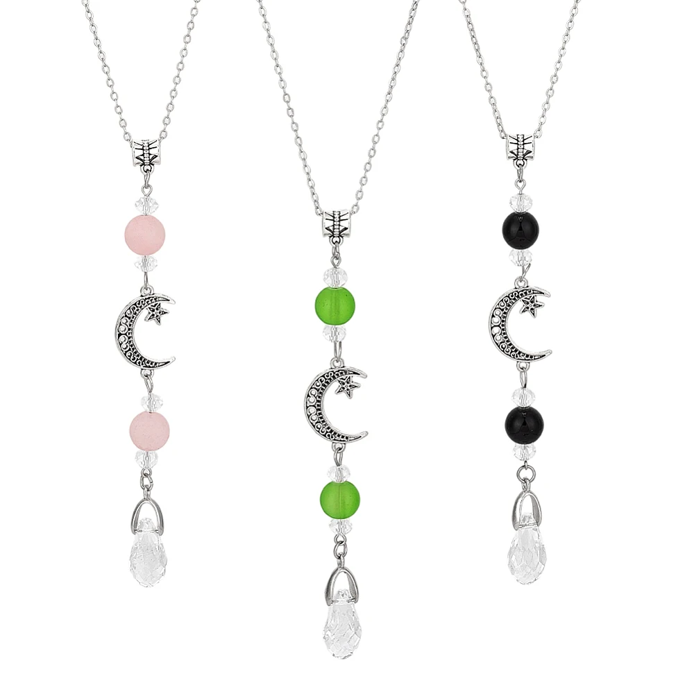 3pcs Moon Star Car Hanging Ornaments Glass Boho Car Pendant Charms Rainbow Beads Dangling Suncatcher Rearview Mirror Accessories