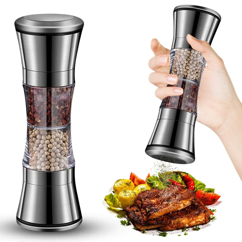 Two-in-one Pepper Grinder Stainless Steel Double-head Kitchen Gadgets Sea Salt Spice Manual Two-head Grinder Kitchen Supply