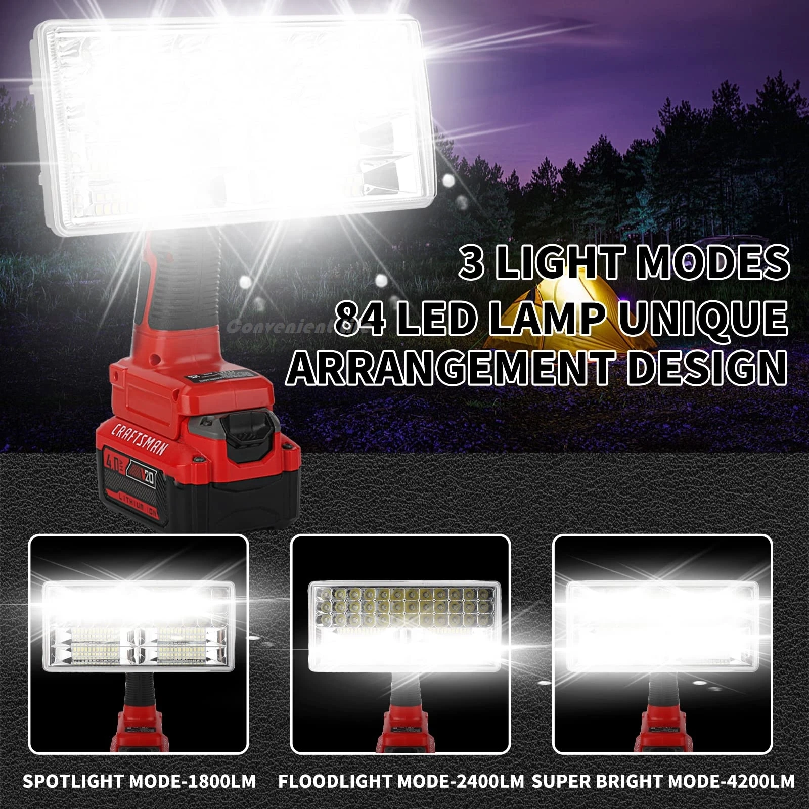 Cordless LED Work Light for Craftsman 20V Battery 40W 4200LM Portable Battery Powered Spotlight with USB Ports 84leds Floodlight