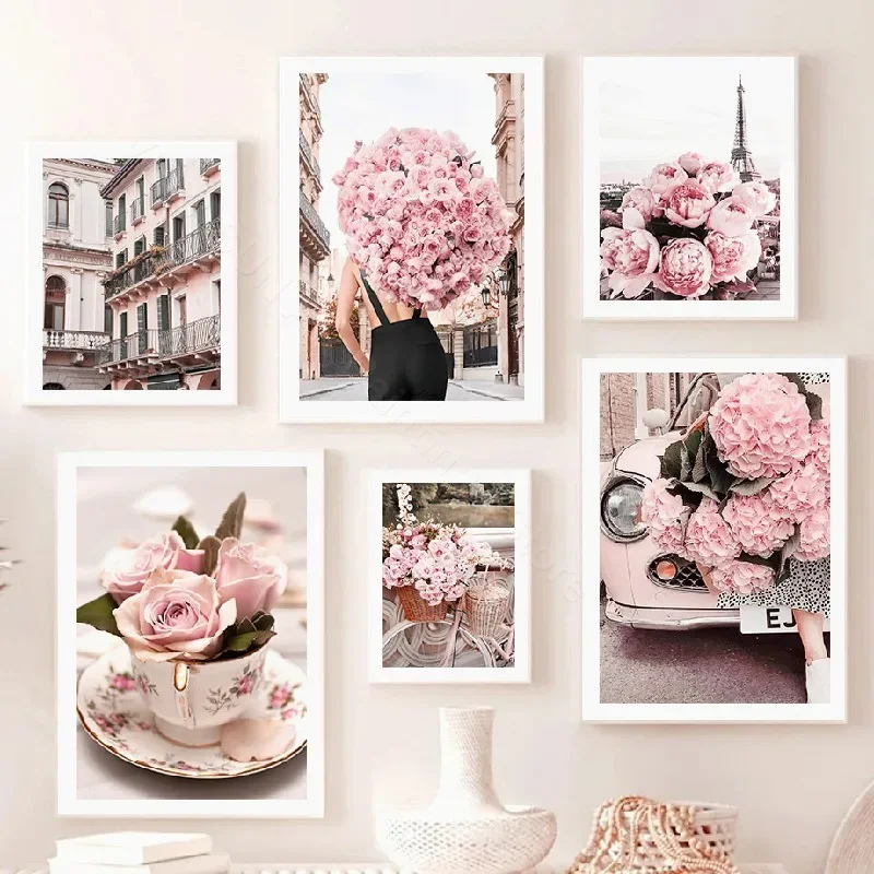 Pink Peony Rose Flower Macarons Cup Bike Tram Quotes Wall Art Canvas Painting Posters And Prints Pictures For Living Room Dec