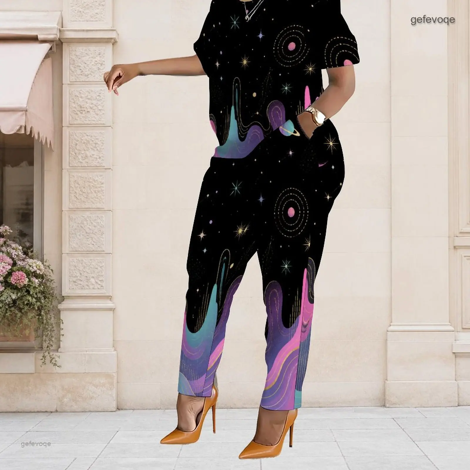 Summer Graphic Print Plus Size Sets Women O Neck Galaxy Plus Size Clothes Womens Clothing For Street Casual Festival Ocn