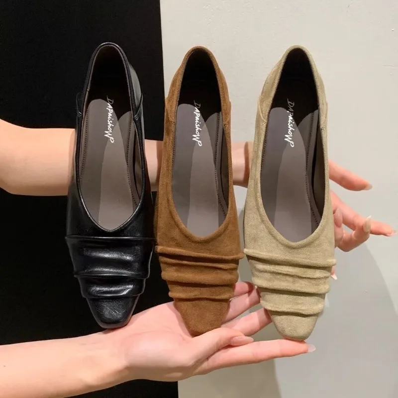 French-style Retro Square-toe Low-heeled Slip-on Black Leather Women's Shoes