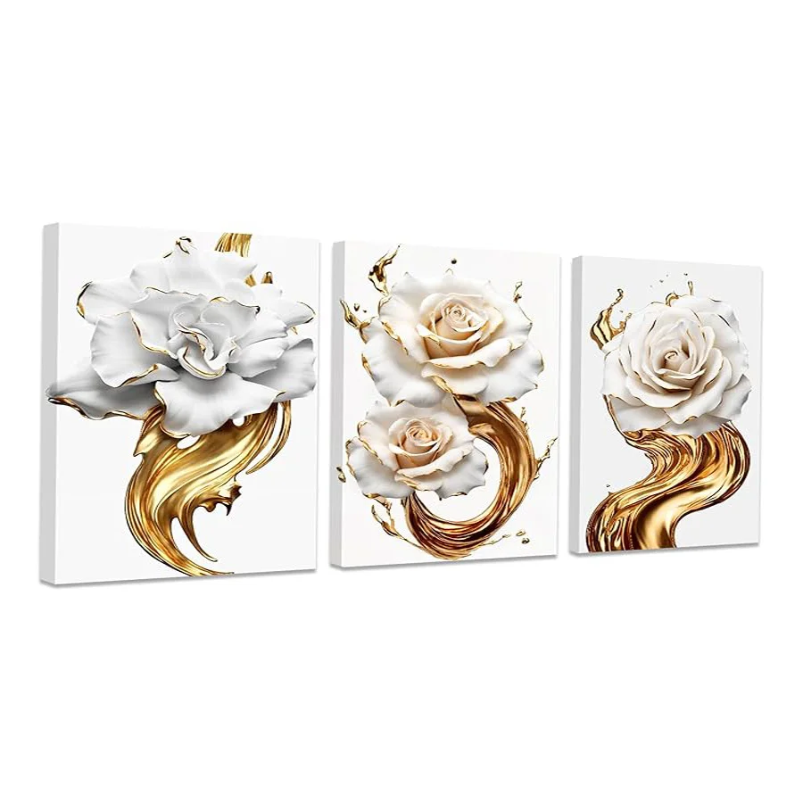 Golden White Flower Picture New Diy Diamond Painting Triptych Abstract Rose Full Drill Mosaic Embroidery Kits 3 Pieces/Set