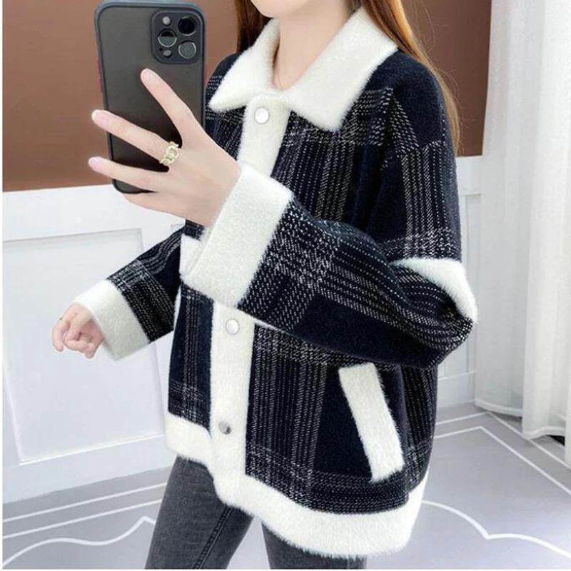 2023 Autumn Winter New Imitate Mink Velvet Sweater Women Jacket Fashion Single-Breasted Coat Female Casual Outerwear Ladies Tops