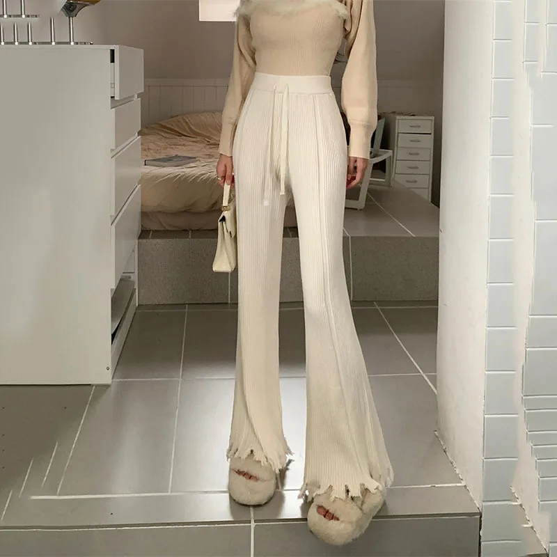 Tassel Korean Style Women Straight Knitted Pants  Bottoms Floor-length Trousers Causal Baggy High Waisted Drawstring Pants