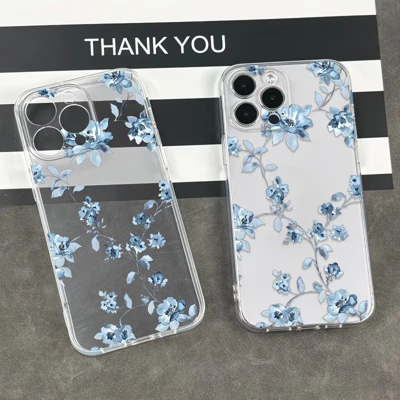 Blue Branch Flower Clear TPU Phone Case For iPhone 17 16 15 14 13 12 11 Pro XS Max X XR 7 8 Plus Air 17e 16e Transparent Cover