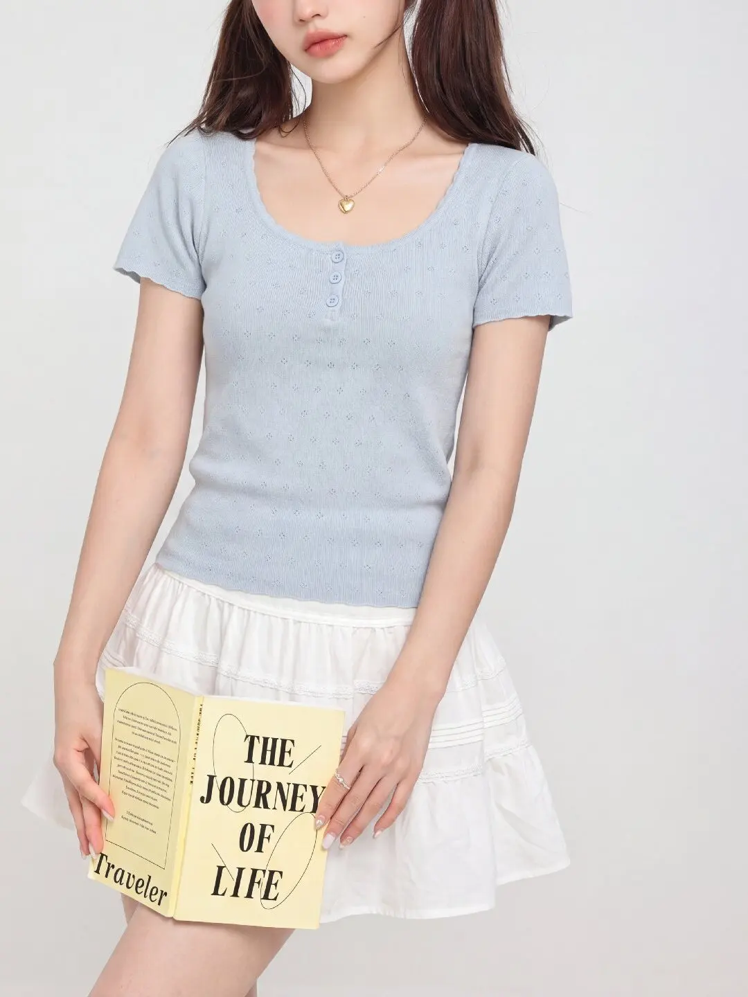 Summer New Pure Desire Sweet And Spicy Short Hollow out Short Sleeve U-Neck Knitwear Top for Small Figures Commute Style