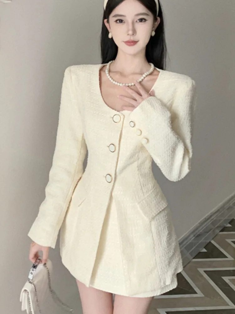 High Quality French Luxury Elegant Small Fragrance Tweed 2 Piece Sets Women Outfit Fall Winter Jacket Coat + Skirt Two Piece Set