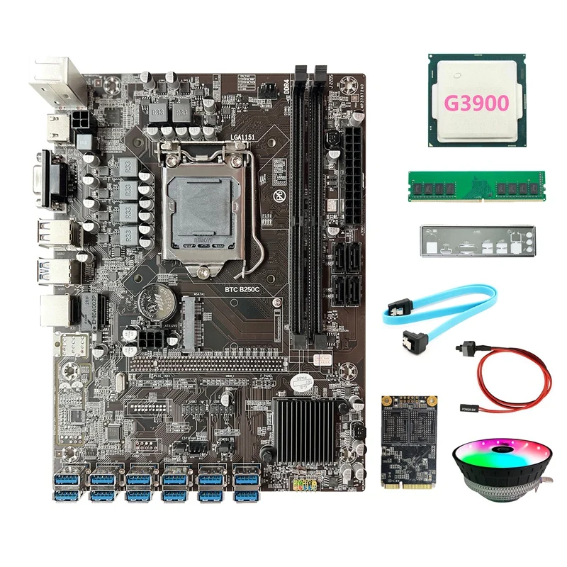 

B250C ETH Miner Motherboard+G3900 CPU+Fan+DDR4 4GB 2666Mhz RAM+128G SSD+SATA Cable+Switch Cable+Baffle 12USB3.0 For BTC