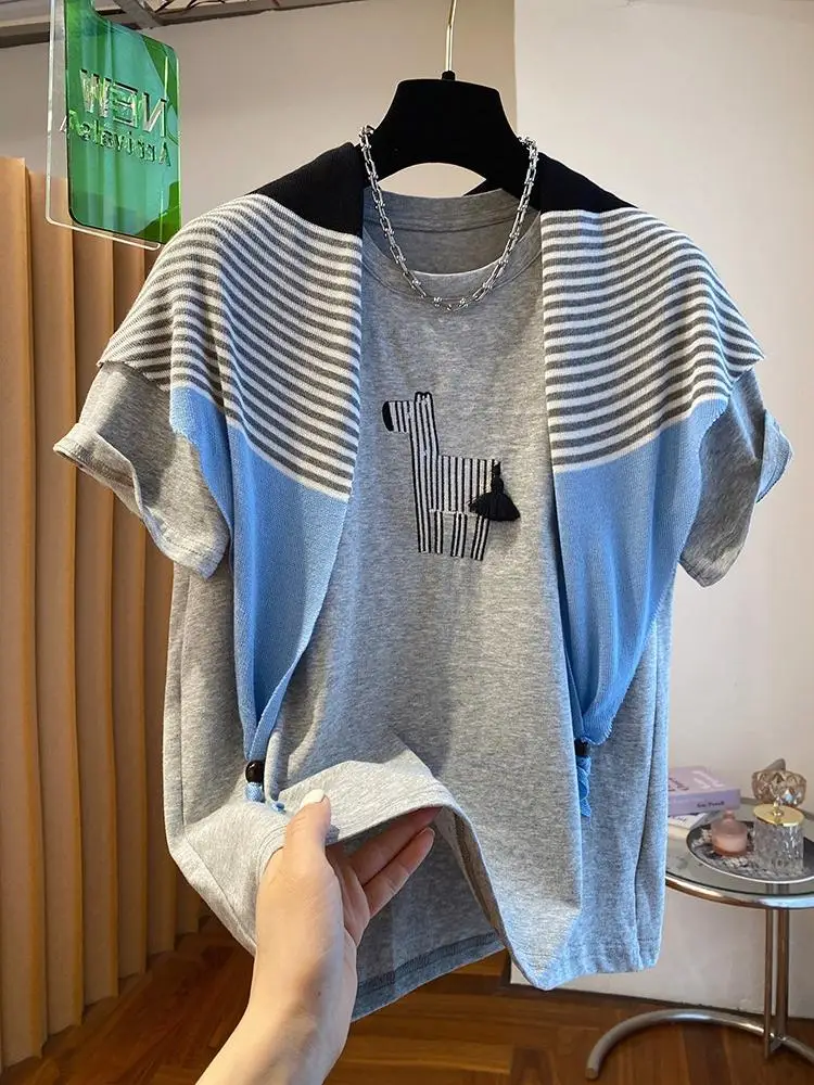 Korean Loose Striped Shawl Short-sleeved Pony Embroidery T-shirt Women's Summer New Fashion High-grade Casual Fake Two Tops