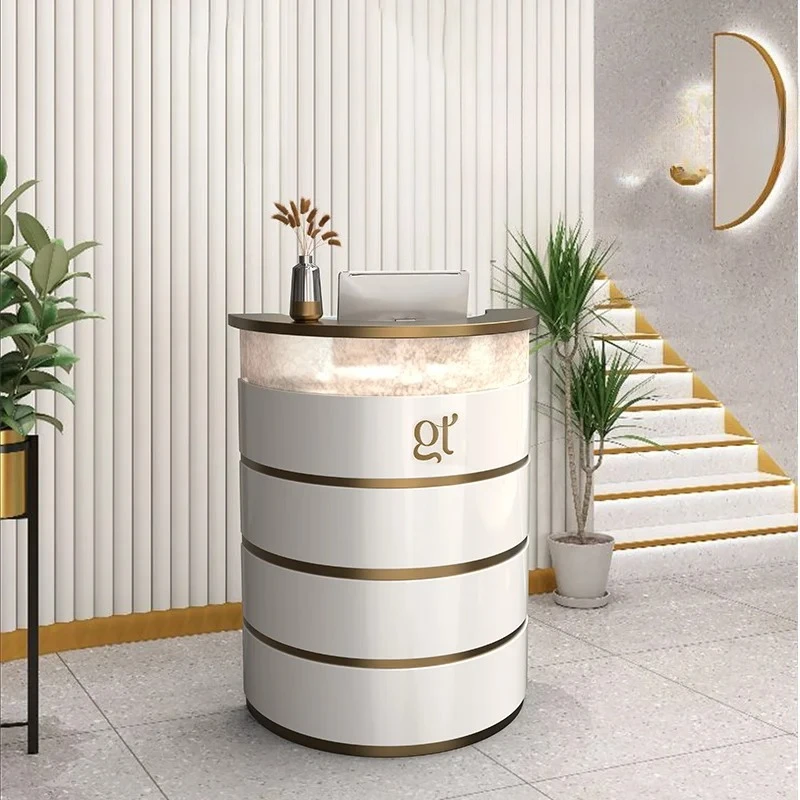 

Beauty salon reception table light luxury semicircle checkout page company welcome simple modern information desk customization
