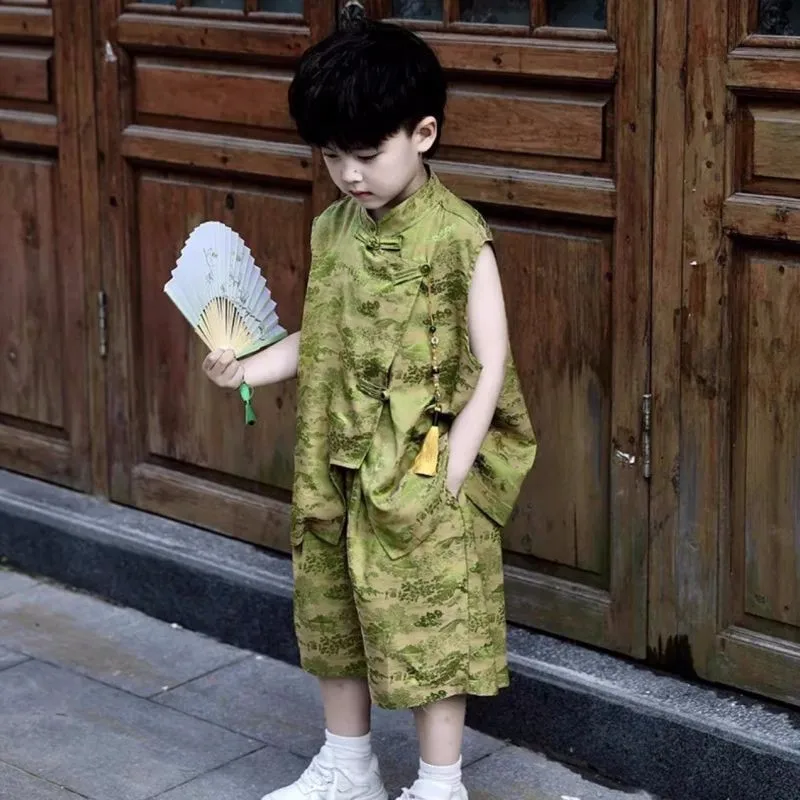 Children's Summer Buckle Top Clothing Set 2026 Boys' New Chinese Performance Kids' Tang Sleeveless Top Pants 2-piece Set LJ704
