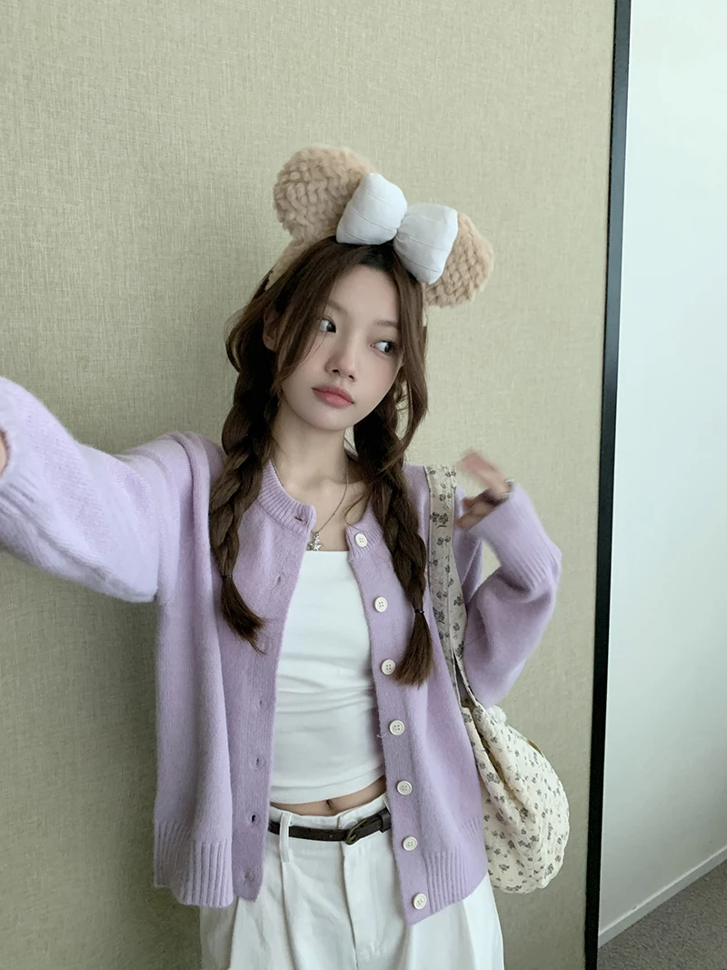 

Soft Purple Lover Knitted Open Cardigan Women's Early Spring Korean Sle Ins Outerwear Sweater Coat Low round Ne Long Sve