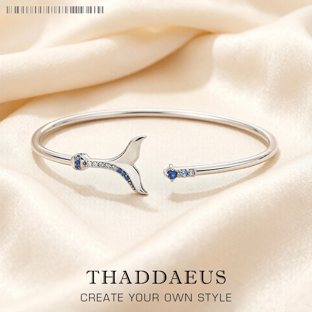 Delfin-Schwanzflossen-Armreif mit blauem Stein, europäischer edler Schmuck, trendiges Geschenk für Frauen, Sommer, brandneues Armband aus massivem 925er Sterlingsilber